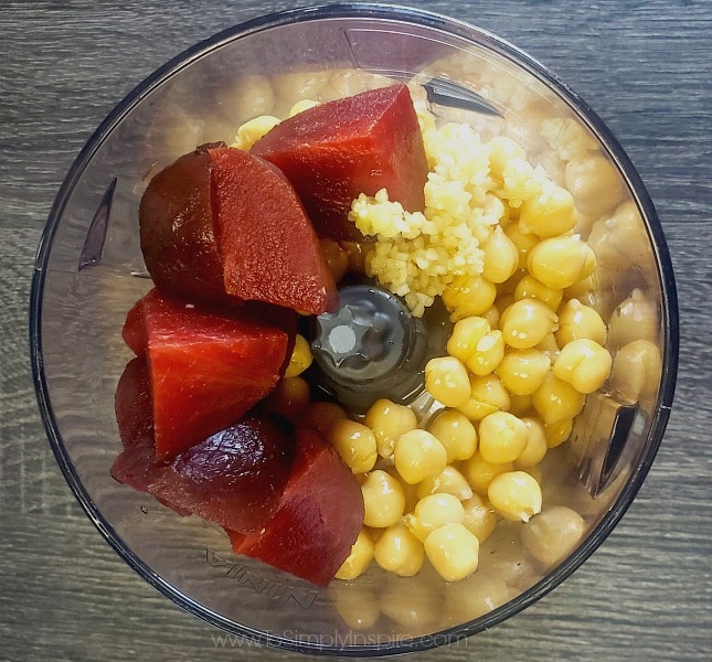 Roasted Beets, chickpeas and garlic in a food processor