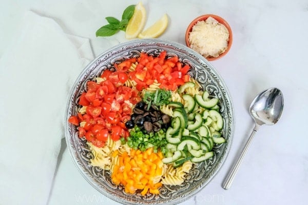 diced vegetables in piles over rotini pasta in a big silver serving bowl with a spoon