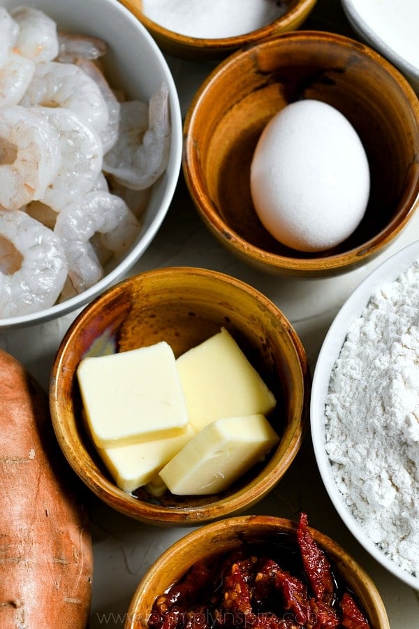 several bowls of ingredients for sweet potato gnocchi 