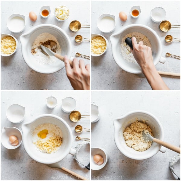 mixing bowls with ingredients for apple scones surrounding