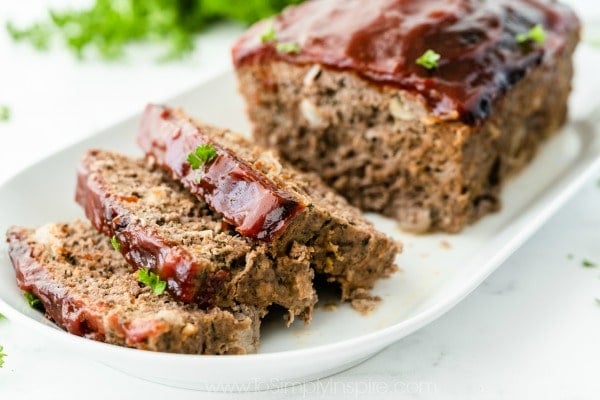 Classic Meatloaf with tomato glaze on a white plate