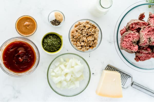 several glass bowls of ingredients for meatloaf