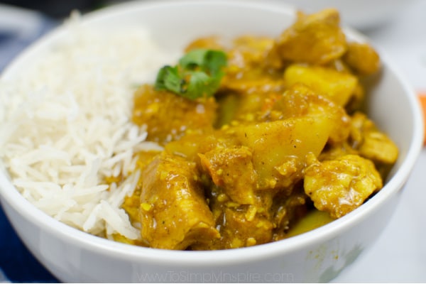 closeup of a white bowl with white rice and chicken curry