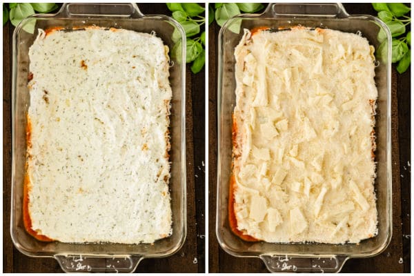 cheese layers of lasagna being made