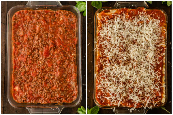 casserole dish with sauce layer of lasagna 