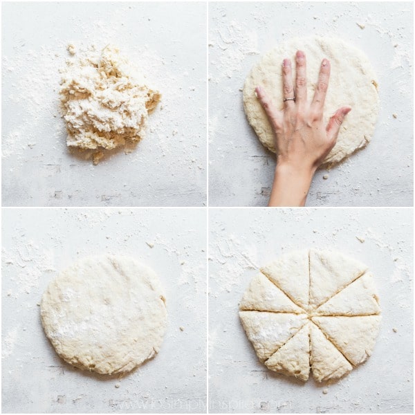 apple scones dough being kneaded, pressed and cut