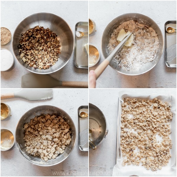 several mixing bowls with ingredients for making a crumb topping for scones