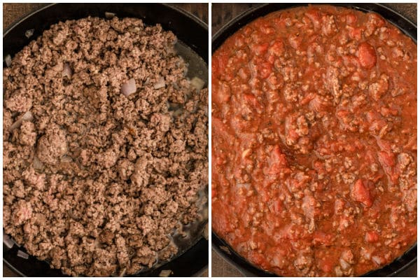 closeup of ground beef and tomato sauce in a black pan