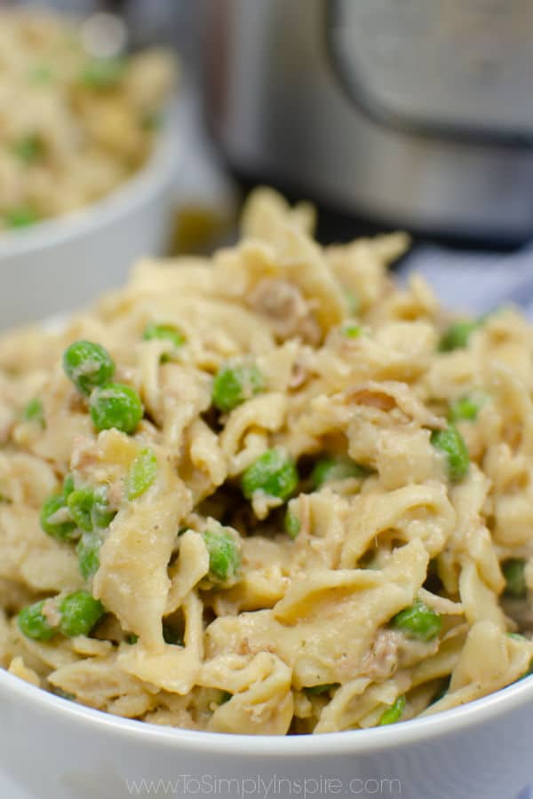 tuna casserole in a white bowl