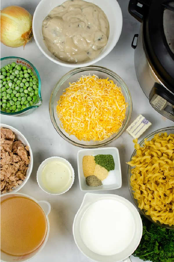 several ingredients needed for instant pot tuna casserole recipe