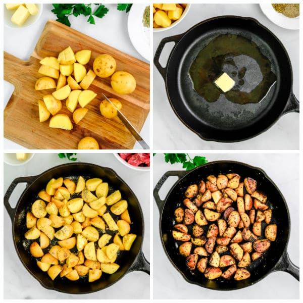 diced potatoes on a cutting board and in a cast iron pan