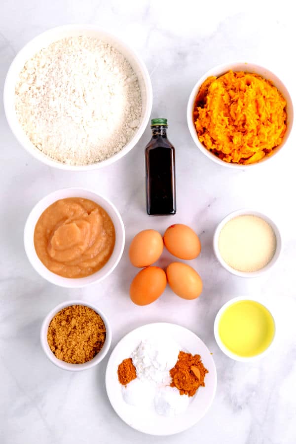 several bowls of ingredients for sweet potato bread