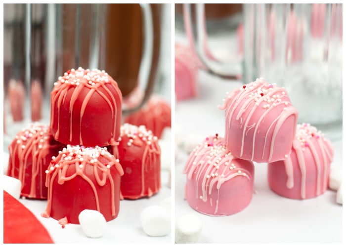 red and pink hot chocolate bombs