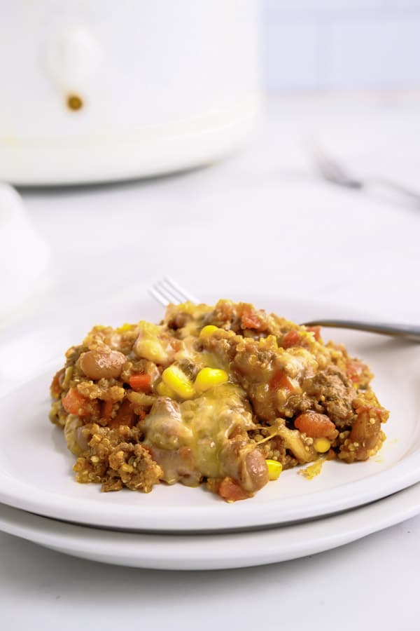 cheesy mexican casserole on a white plate with a white crockpot in the background