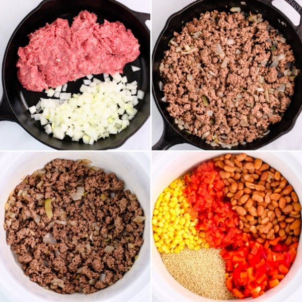 four photos of ground beef cooking with onions in a cast iron pan