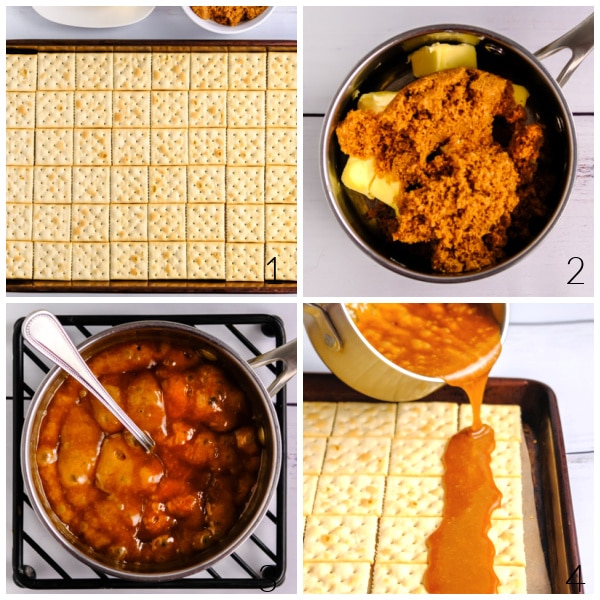 steps showing how to make christmas crack recipe - saltines on jeely roll pan, melting butter and brown sugar, pouring caramel over crackers