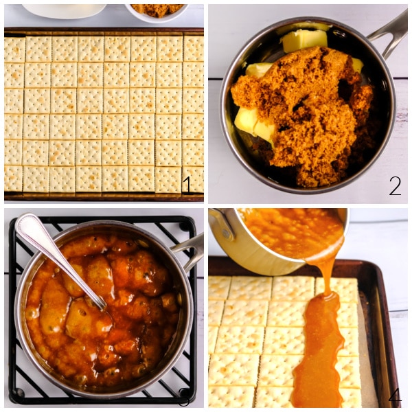 steps showing how to make christmas crack recipe - saltines on jeely roll pan, melting butter and brown sugar, pouring caramel over crackers