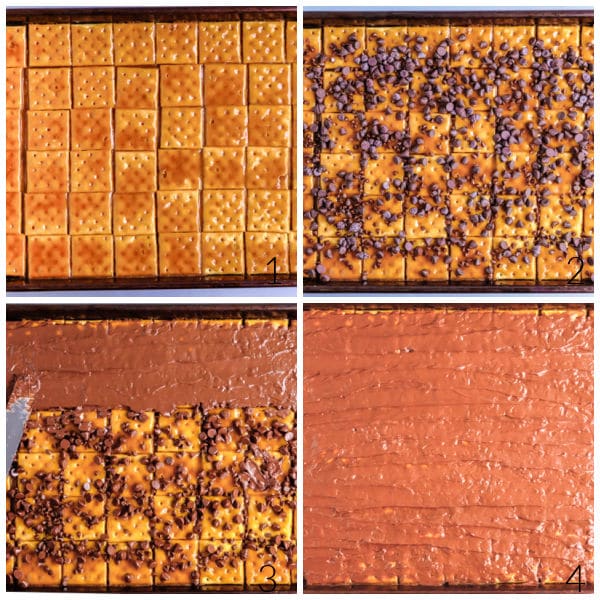 steps to making saltine cracker toffee - spreading caramel over crackers and topping with chocolate