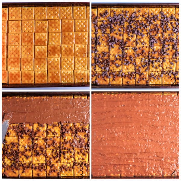 steps to making saltine cracker toffee - spreading caramel over crackers and topping with chocolate
