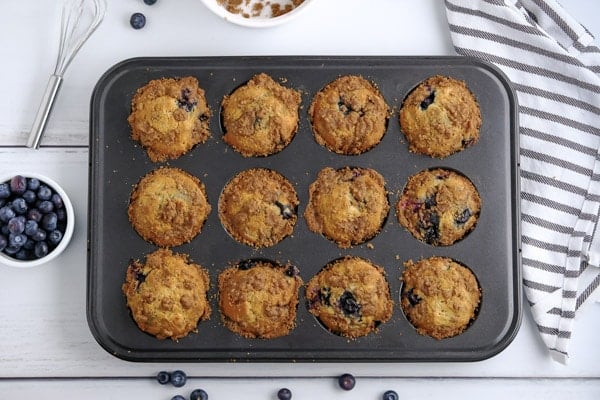 a 12 muffin tin full of lemon blueberry muffins