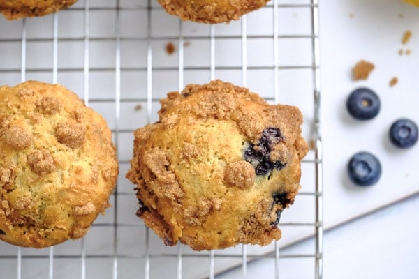 closeup of a lemon blueberry muffin on a wire cooling rack