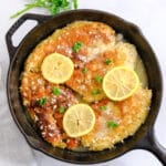 four parmesan crusted chicken breasts in a cast iron skillet topped with lemon slices