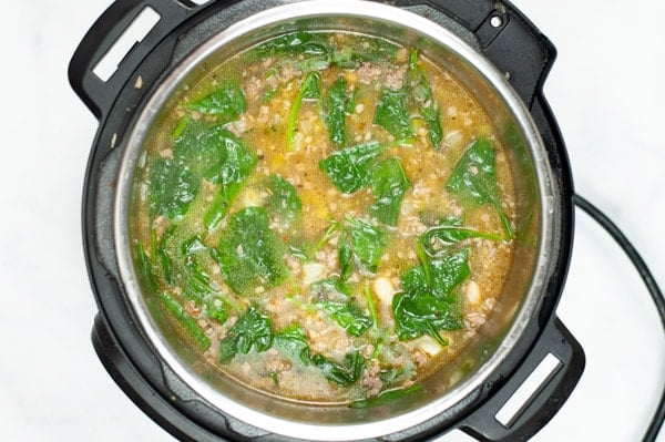 instant pot with sausage potato and spinach soup