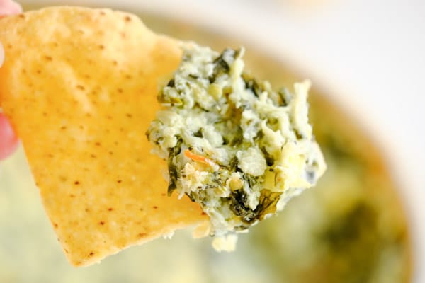 tortilla chip with spinach artichoke dip on it