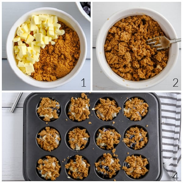 streusel topping being mixed in a bowl and put on muffin in a tin