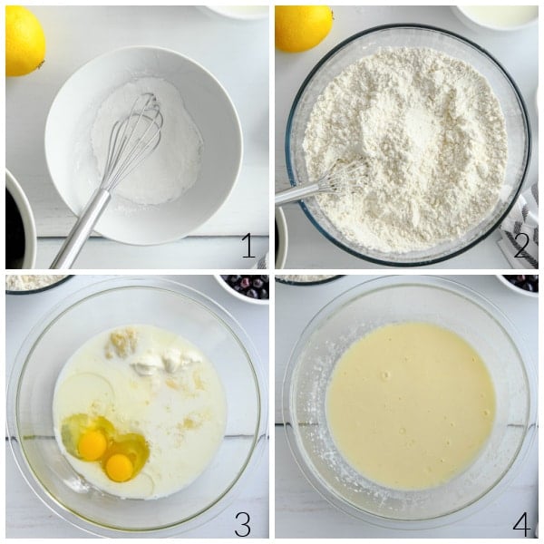 batter for lemon blueberry muffins being mixed in a big glass bowl