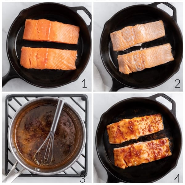 salmon fillets cooking in a cast iron pan