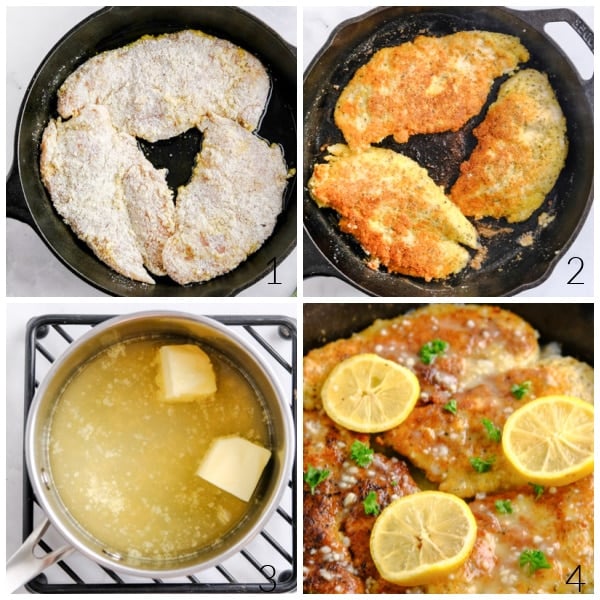 breaded chicken breasts cooking in a cast iron skillet