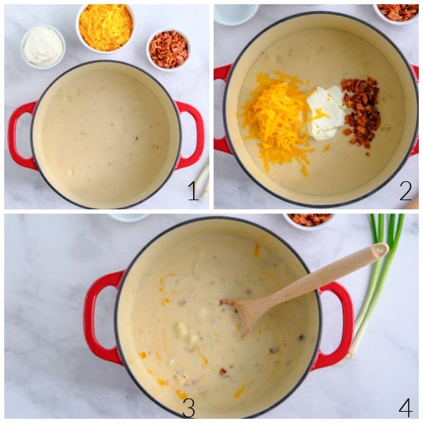 a dutch oven with potato soup and bacon, cheese and sour cream being stirred in