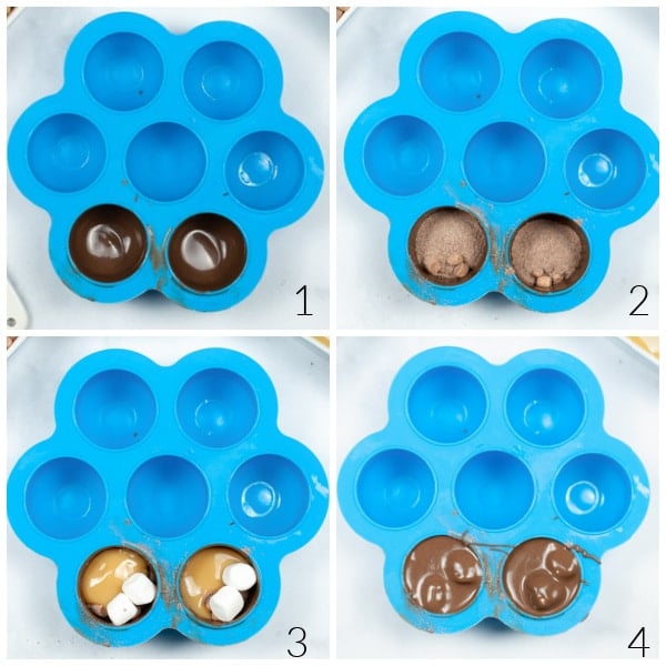 blue silicon mold with melted chocolate, cocoa powder, mini marshmallows