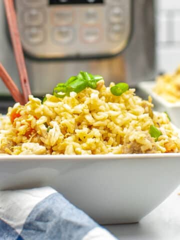 chicken fried rice in a square white bowl