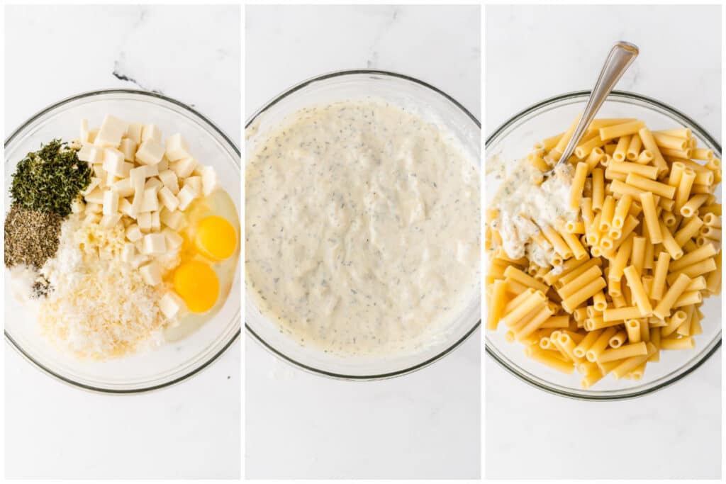 a glass bowl with eggs, mozzarella and parmesan and ricotta cheeses and spices being mixed together with pasta