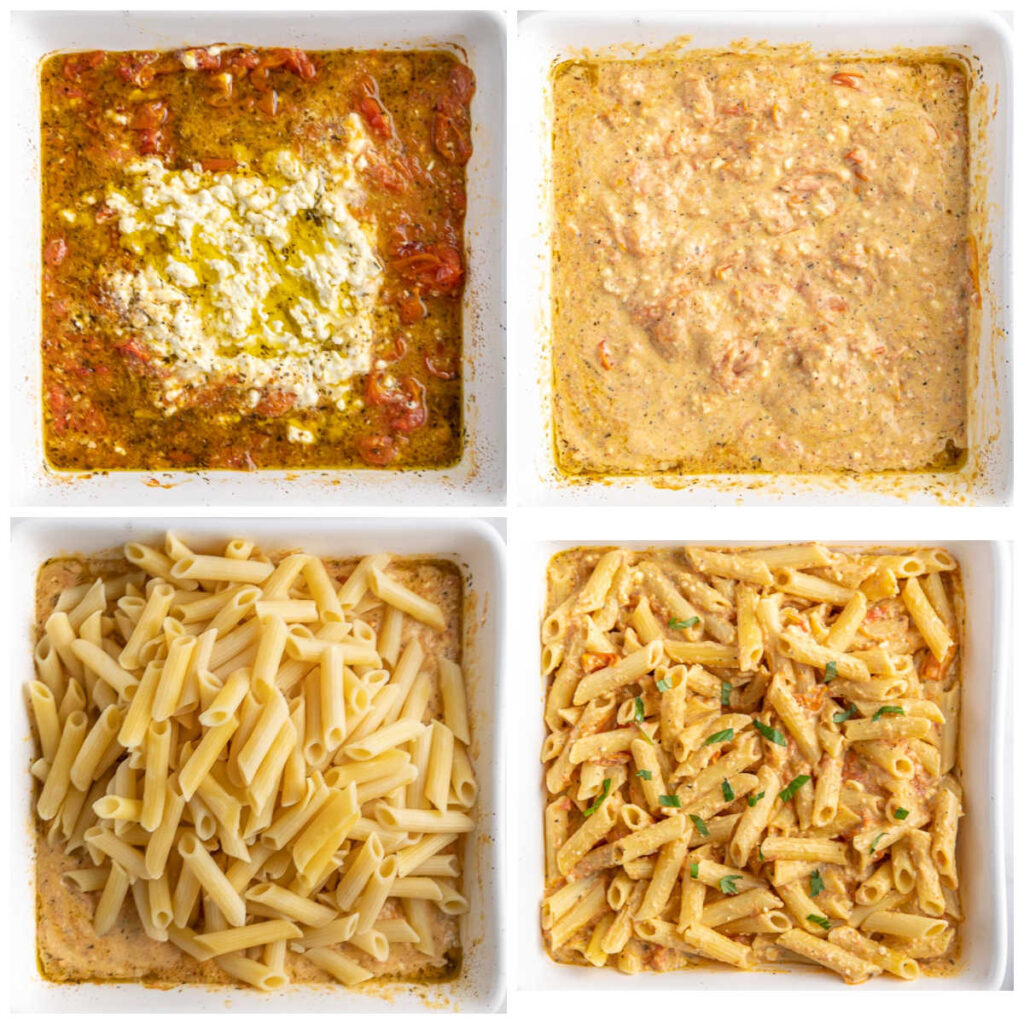 baking dish with tomato feta sauce and penne pasta being added and mixed in.