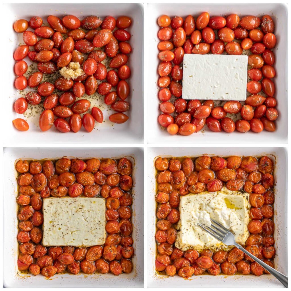 a white baking dish with cherry tomatoes with garlic and herbs and a block of feta cheese in the center.