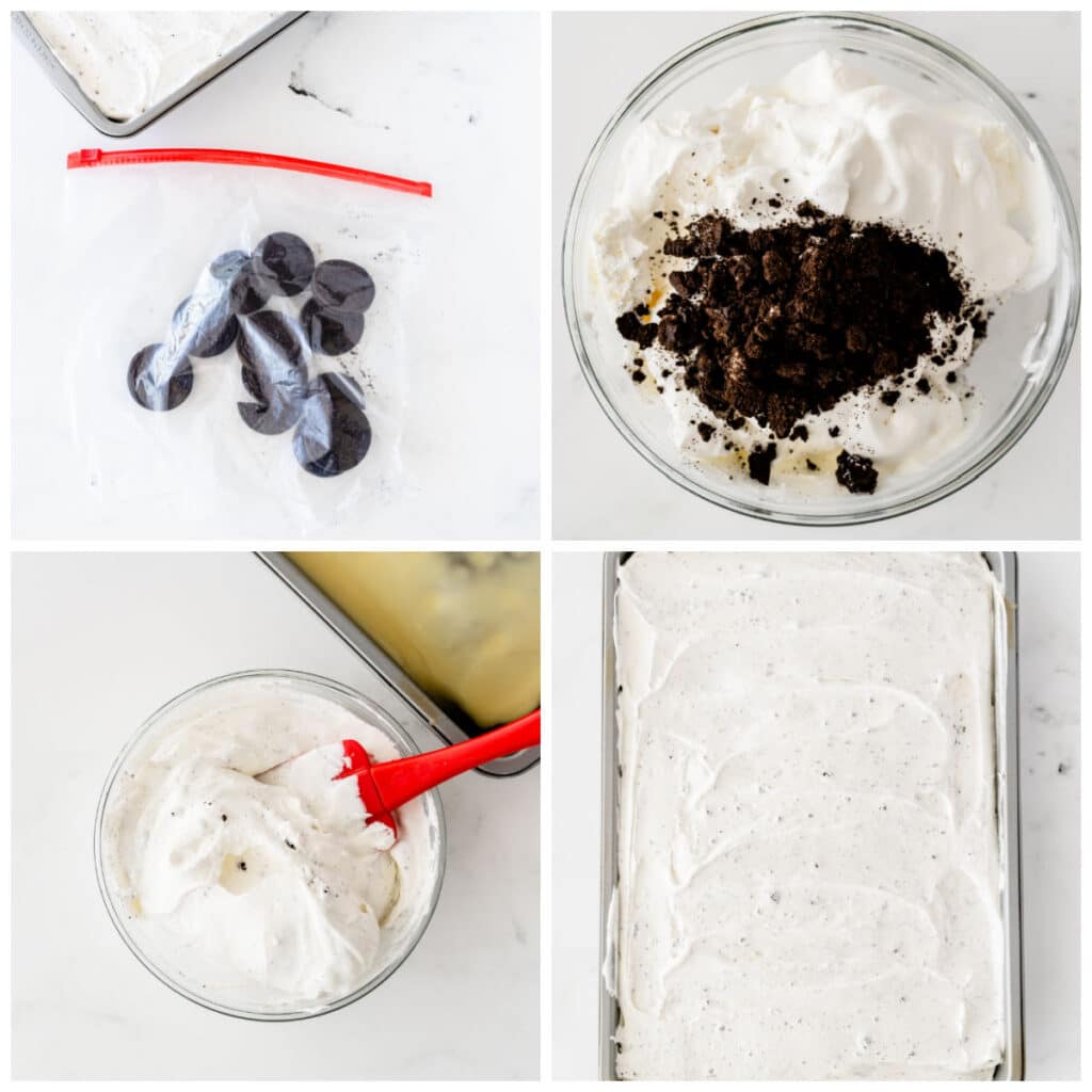 whipped topping having oreo crumbles mixed in in the glass bowl and on a sheet cake