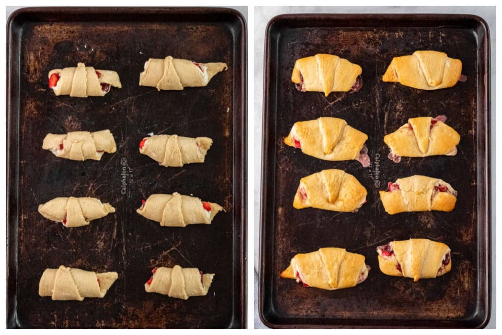 crescent roll dough with strawberry filling rolled up on a baking sheet