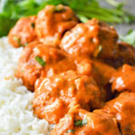 tikka masala meatballs served over white rice