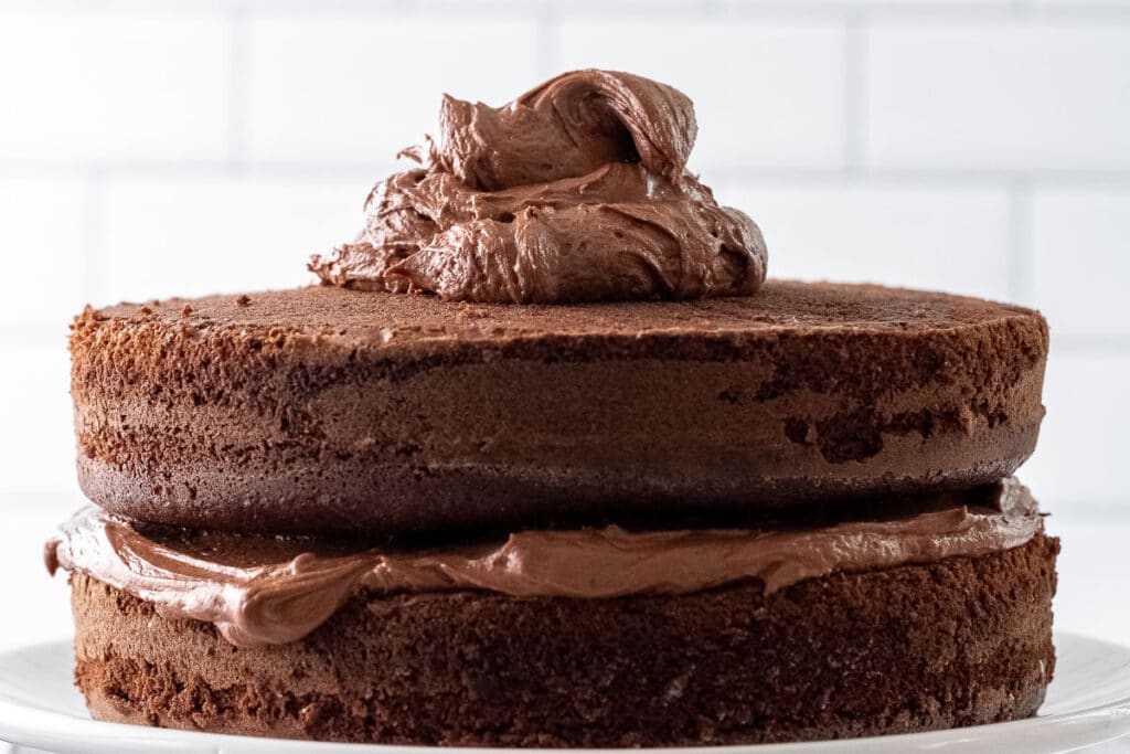 two chocolate layers of cake with frosting in the middle and a big dollop on top