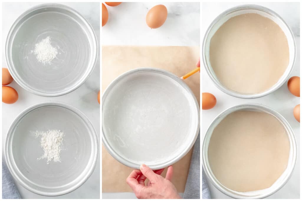 round silver cake pans with flour and parchment paper in then