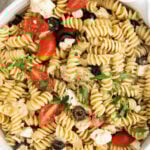serving bowl with greek pasta salad with text overlay that reads Best Greek Pasta Salad