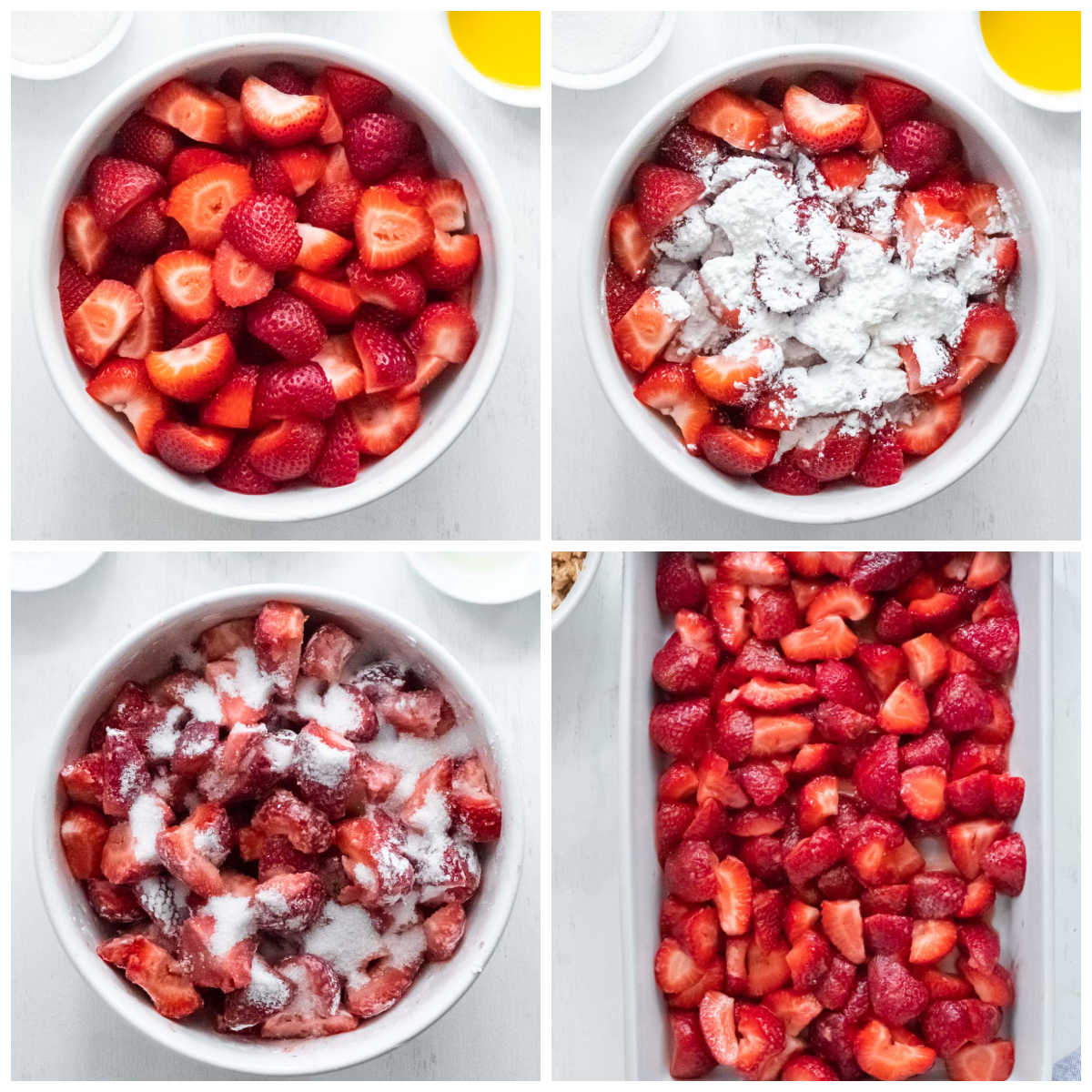 strawberries in a white bowl with cornstarch and sugar being mixed in