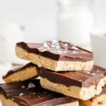 a plate of peanut butter chocolate buckeye bars with text overlay reading Buckeye Bars