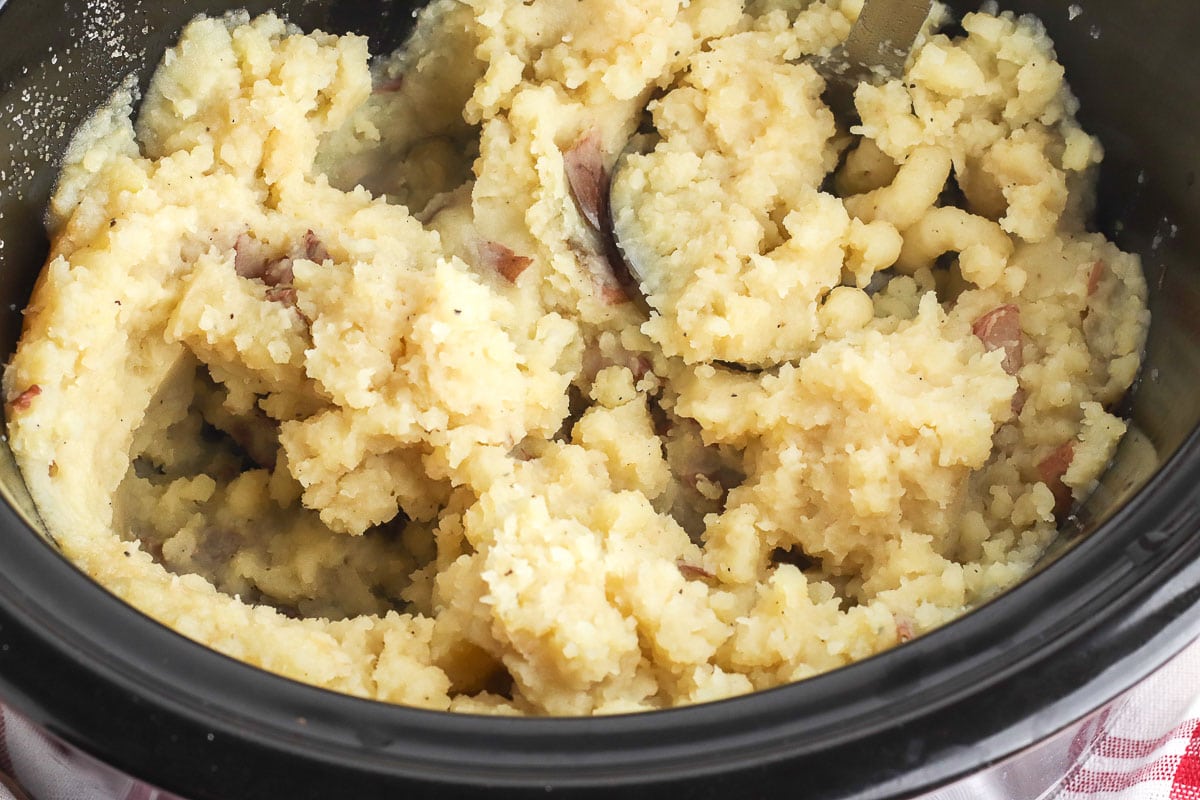 closeup of mashed potatoes cooked in a slow cooker