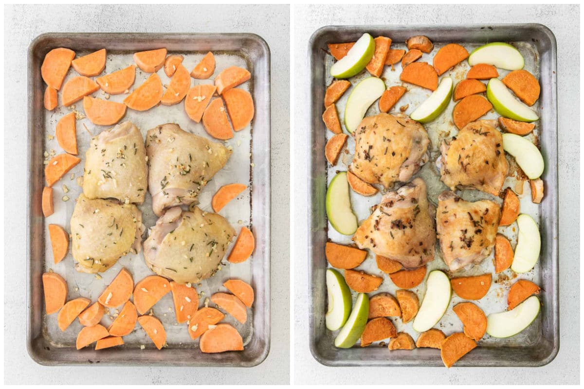 a sheet pan with chicken thighs surrounded by sweet potato chunks and sliced apples