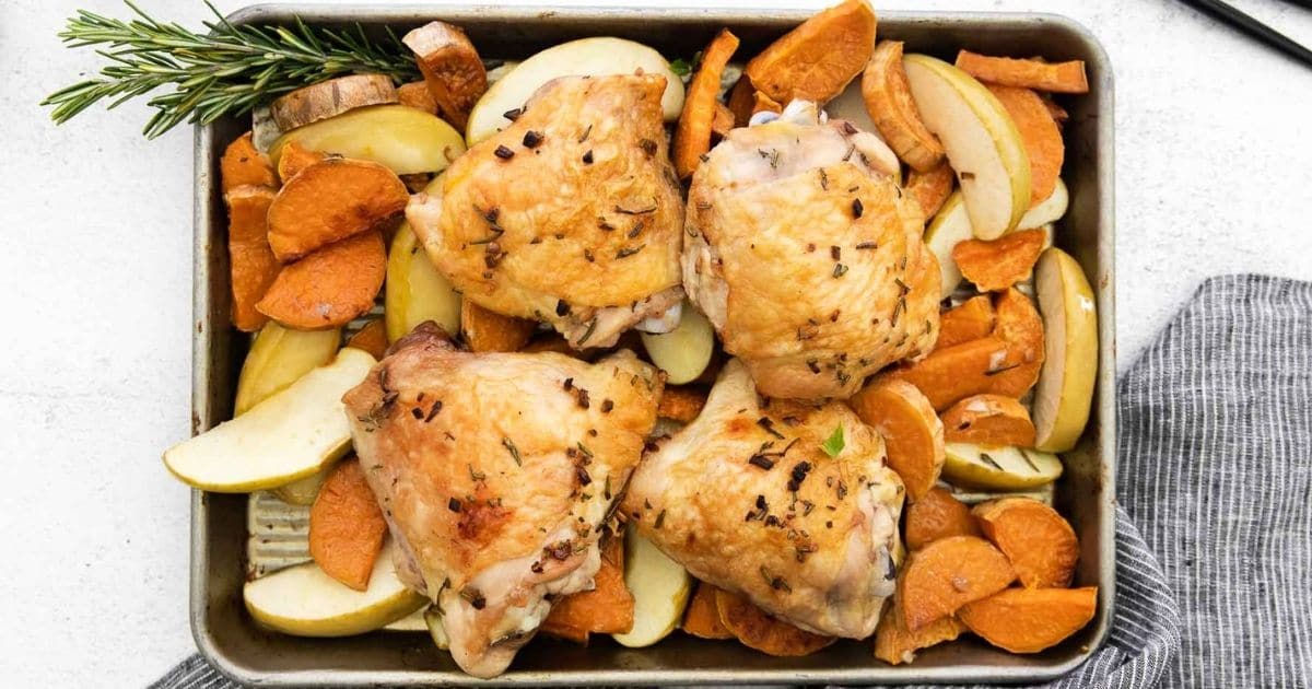 Sheet Pan Chicken Thighs with Sweet Potatoes and Apples To Simply Inspire