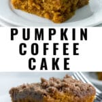 slice of pumpkin coffee cake with crumb topping on a white plate